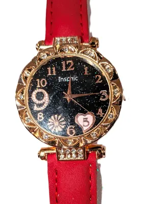 Sale Photo Thumbnail #183: GLITTERY *9* LOVE *PINK 5* HEART* WATCH with BAND: (RED/Faux Leather 8¾") DIAL: (1¼" BLACK, Jeweled Rose Gold Beveled Surround + ROUND) BATTERY: Button 20 mm  *EXTRA BATTERY INCL.*
ALL ITEMS SHIPPED FREE