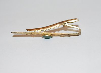 Vintage Style GREEN CABOCHON TIE CLASP (2" L) in Brushed Gold Tone