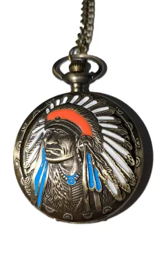 Sale Photo Thumbnail #191: Red, Blue on "Brass INDIAN-STYLE" POCKET WATCH with Brass Colored Case (1¾" Diam.) & BRASS Colored Chain (30" L . Chain/Lobster Clasp) **EXTRA BATTERY INCLUDED**

Dial: Analog 
Opening: Top-Push Knob
ALL ITEMS SHIPPED FREE