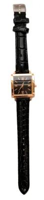Sale Photo Thumbnail #197: "BLACK & GOLD COLORED SQUARE" WATCH with BAND: (BLACK GLOSSY "PATENT LEATHER" STYLE 9") DIAL: (1" Roman Numerals + SQUARE)  BATTERY: Button 20 mm  *EXTRA BATTERY INCL.*
ALL ITEMS SHIPPED FREE