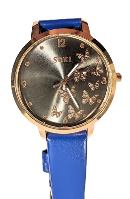 Sale Photo Thumbnail #201: "FLUTTERING BUTTERFLIES" WATCH + Luminescent Hands-BAND: (Dark Blue 9" Faux Leather) DIAL: (1½" Taupe, Round, Rose Gold Edge) BRAND: (Soki) BATTERY: Button 20 mm *EXTRA BATTERY INCL.*
ALL ITEMS SHIPPED FREE