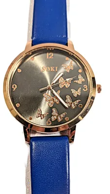 Sale Photo Thumbnail #200: "FLUTTERING BUTTERFLIES" WATCH + Luminescent Hands-BAND: (Dark Blue 9" Faux Leather) DIAL: (1½" Taupe, Round, Rose Gold Edge) BRAND: (Soki) BATTERY: Button 20 mm *EXTRA BATTERY INCL.*
ALL ITEMS SHIPPED FREE