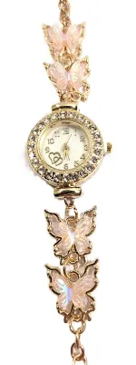 Sale Photo Thumbnail #215: Delicate Style Acrylic PINK ACRYLIC BUTTERFLIES BRACELET WATCH with -BAND: (Metal Chain, Gold Tone (2¼" Opening)) DIAL: (½" Jeweled Surround, Gold Color, Round) BATTERY: Button 20 mm  *EXTRA BATTERY INCL.*
ALL ITEMS SHIPPED FREE