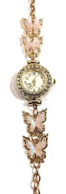Sale Photo Thumbnail #217: Delicate Style Acrylic PINK ACRYLIC BUTTERFLIES BRACELET WATCH with -BAND: (Metal Chain, Gold Tone (2¼" Opening)) DIAL: (½" Jeweled Surround, Gold Color, Round) BATTERY: Button 20 mm  *EXTRA BATTERY INCL.*
ALL ITEMS SHIPPED FREE