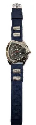 Sale Photo Thumbnail #230: BLACK Triple Dial Inserts WATCH with BAND: (Deep Blue/Metal Accents 10") DIAL: (2"  Black + TRIANGLE) BRAND: (MSCXDK) BATTERY: Button 20 mm  *EXTRA BATTERY INCL.*