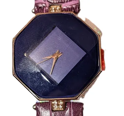 Sale Photo Thumbnail #241: "TILTED SQUARE ON DEEP BLUE HEXAGON" WATCH with BAND: (Purple/Faux Leather 8¾") DIAL: (1¼" Deep Blue + Purple + HEXAGON) BATTERY: Button 20 mm *EXTRA BATTERY INCL.*
ALL ITEMS SHIPPED FREE