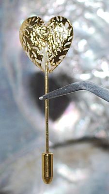 Gold Colored & WHITE HEART PIN (2¼" L) with Pin Guard on a Gold Tone Setting