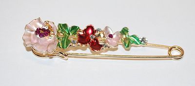 ***NEW SALE PRICE*** Beautiful Large Bejeweled PIN (3" x ¾") with RED Stones on Blossoms & Leaves on a Gold Tone Pin