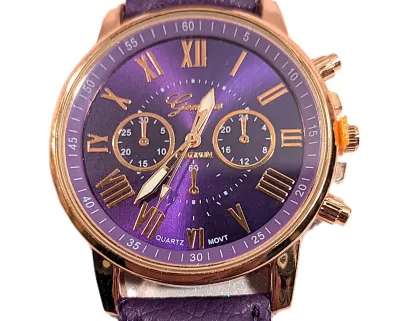 Sale Photo Thumbnail #286: PURPLE Double Dials WATCH + Luminescent Hands-BAND: (Purple 9" Faux Leather) DIAL: (1½" Purple, Round, Rose Gold Edge) BRAND: (Geneva) BATTERY: Button 20 mm  *EXTRA BATTERY INCL.*
ALL ITEMS SHIPPED FREE