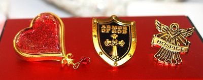 Collection of 3 Assorted TACKS - Glitter Heart, "Armor of God" & Hospice on Gold Tone Settings