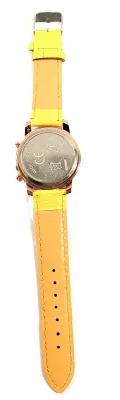 Sale Photo Thumbnail #298: YELLOW Double Dials WATCH + Luminescent Hands-BAND: (Yellow 9" Faux Leather) DIAL: (1½" Yellow, Round, Rose Gold Edge) BRAND: (Geneva) BATTERY: Button 20 mm  *EXTRA BATTERY INCL.*
ALL ITEMS SHIPPED FREE