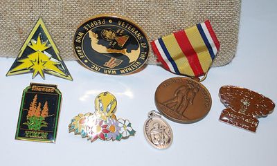 Collection of 7 TACK PINS including Yellow Triangle, Vietnam Veterans, Marine Ribbon, Tweety Bird, Napa, Etc.