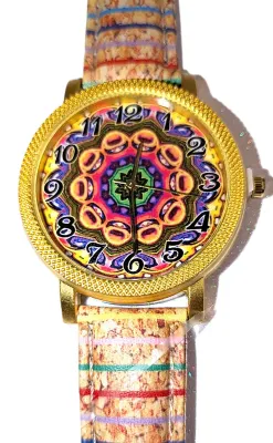 Sale Photo Thumbnail #299: "YELLOW, PINK & PURPLE SWIRLS" WATCH with BAND: (Multicolor STRIPED / Faux Leather 9") DIAL: (1½"  Graphic Design with Gold Color Surround  + ROUND) BATTERY: Button 20 mm  *EXTRA BATTERY INCL.*
ALL ITEMS SHIPPED FREE