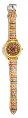 Sale Photo Thumbnail #301: "YELLOW, PINK & PURPLE SWIRLS" WATCH with BAND: (Multicolor STRIPED / Faux Leather 9") DIAL: (1½"  Graphic Design with Gold Color Surround  + ROUND) BATTERY: Button 20 mm  *EXTRA BATTERY INCL.*
ALL ITEMS SHIPPED FREE