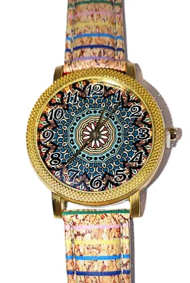 Sale Photo Thumbnail #303: "GREEN & BEIGE CURLS" WATCH with BAND: (Multicolor STRIPED / Faux Leather 9") DIAL: (1½"  Graphic Design with Gold Color Surround  + ROUND) BATTERY: Button 20 mm  *EXTRA BATTERY INCL.*
ALL ITEMS SHIPPED FREE