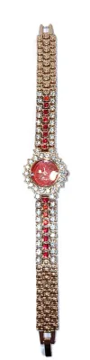 Sale Photo Thumbnail #313: GLITTERY RED JEWELED BAND & DIAL WATCH with BAND: (Gold Tone Red + Clear Stones Segments 7") DIAL: (¾" Jeweled Clear Stones Surround + Round) BATTERY: Button 20 mm  *EXTRA BATTERY INCL.*
ALL ITEMS SHIPPED FREE