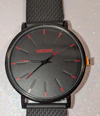 Sale Photo Thumbnail #320: Classic Black WATCH with DIAL (1½", RED Minute Lines, Round + Black Frame) BAND: (Black 9½" Rubber) BRAND: (MSCXDK) BATTERY: Button 20 mm  *EXTRA BATTERY INCL.*
ALL ITEMS SHIPPED FREE