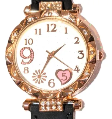 Sale Photo Thumbnail #324: GLITTERY *9* LOVE *PINK 5* HEART* WATCH with BAND: (BLACK/Faux Leather 8¾") DIAL: (1¼" WHITE, Jeweled Rose Gold Beveled Surround + ROUND) BATTERY: Button 20 mm  *EXTRA BATTERY INCL.*
ALL ITEMS SHIPPED FREE