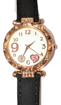 Sale Photo Thumbnail #323: GLITTERY *9* LOVE *PINK 5* HEART* WATCH with BAND: (BLACK/Faux Leather 8¾") DIAL: (1¼" WHITE, Jeweled Rose Gold Beveled Surround + ROUND) BATTERY: Button 20 mm  *EXTRA BATTERY INCL.*
ALL ITEMS SHIPPED FREE