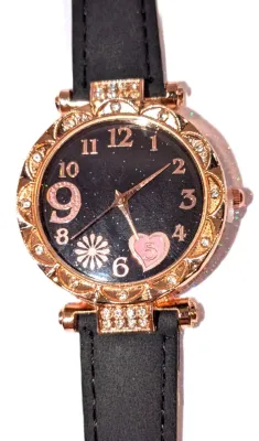 Sale Photo Thumbnail #327: GLITTERY *9* LOVE *PINK 5* HEART* WATCH with BAND: (BLACK/Faux Leather 8¾") DIAL: (1¼" BLACK, Jeweled Rose Gold Beveled Surround + ROUND) BATTERY: Button 20 mm  *EXTRA BATTERY INCL.*
ALL ITEMS SHIPPED FREE