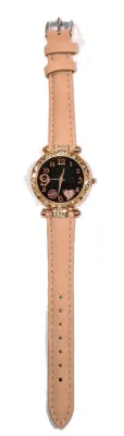 Sale Photo Thumbnail #333: GLITTERY *9* LOVE *PINK 5* HEART* WATCH with BAND: (TAN/Faux Leather 8¾") DIAL: (1¼" BLACK, Jeweled Rose Gold Beveled Surround + ROUND) BATTERY: Button 20 mm  *EXTRA BATTERY INCL.*
ALL ITEMS SHIPPED FREE