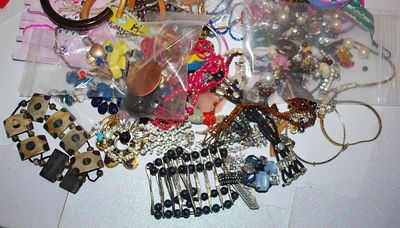 Jewelry Making/Crafts Assortment of Stones, Brooches, Etc.-- for Repair, Replacements or Repurpose Includes: Beads, Brooches, Earrings,...