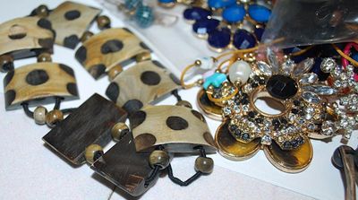 Jewelry Making/Crafts Assortment of Stones, Brooches, Etc.-- for Repair, Replacements or Repurpose Includes: Beads, Brooches, Earrings,...