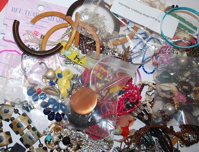 Jewelry Making/Crafts Assortment of Stones, Brooches, Etc.-- for Repair, Replacements or Repurpose Includes: Beads, Brooches, Earrings,...