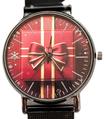Sale Photo Thumbnail #357: "RED RIBBON GIFT BOX" WATCH with BAND: (Flexible Metal "MESH" BLACK Tone 9") DIAL: (1½"  Red Ribbon + ROUND) BATTERY: Button 20 mm  *EXTRA BATTERY INCL.*
ALL ITEMS SHIPPED FREE