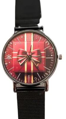 Sale Photo Thumbnail #356: "RED RIBBON GIFT BOX" WATCH with BAND: (Flexible Metal "MESH" BLACK Tone 9") DIAL: (1½"  Red Ribbon + ROUND) BATTERY: Button 20 mm  *EXTRA BATTERY INCL.*
ALL ITEMS SHIPPED FREE
