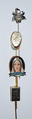 Collection of 4 Assorted Hat-Style PINS 2½" - 1½" L- with Silver Tone Flower, Letters (A + R) and "Child of Mary" Face