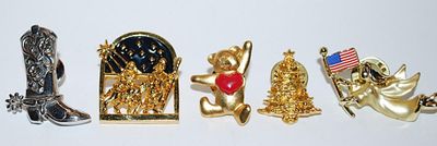 Collection of 5 Assorted PINS including a Cowboy Boot, Holiday Tree + Banner, Heart Bear and Flag Angel