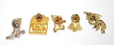 Collection of 5 Assorted PINS including a Cowboy Boot, Holiday Tree + Banner, Heart Bear and Flag Angel