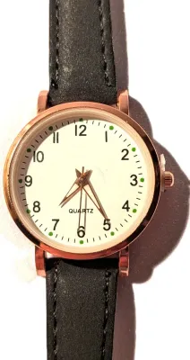 Sale Photo Thumbnail #372: "UNADORNED SIMPLICITY DIAL" WATCH with BAND: (BLACK Faux Leather-Style) DIAL: (1" Luminescent Hands, WHITE with Rose Gold Surround + ROUND) BATTERY: Button 20 mm  *EXTRA BATTERY INCL.*
ALL ITEMS SHIPPED FREE