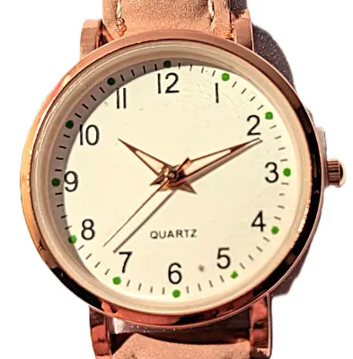 Sale Photo Thumbnail #377: "UNADORNED SIMPLICITY DIAL" WATCH with BAND: (MAUVE PINK, Faux Leather-Style) DIAL: (1"  Luminescent Hands, WHITE with Rose Gold Surround + ROUND) BATTERY: Button 20 mm  *EXTRA BATTERY INCL.*
ALL ITEMS SHIPPED FREE
