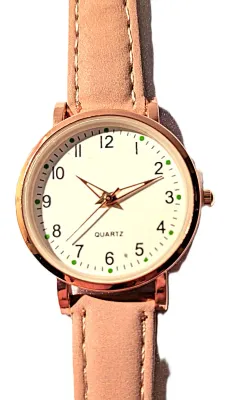 Sale Photo Thumbnail #376: "UNADORNED SIMPLICITY DIAL" WATCH with BAND: (MAUVE PINK, Faux Leather-Style) DIAL: (1"  Luminescent Hands, WHITE with Rose Gold Surround + ROUND) BATTERY: Button 20 mm  *EXTRA BATTERY INCL.*
ALL ITEMS SHIPPED FREE