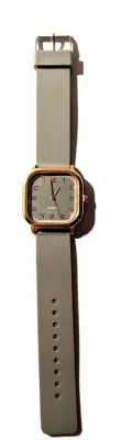 Sale Photo Thumbnail #386: "SQUARE GRAY & GOLD" WATCH with BAND: (GRAY / Rubber 9") DIAL: (1½"  Faint Slant Lines + Rose Gold Surround, SQUARE)  BATTERY: Button 20 mm  *EXTRA BATTERY INCL.*
ALL ITEMS SHIPPED FREE