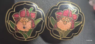 Sale Photo Thumbnail #437: The Cloisonne style pendant is large with a black background and pink flowers. The flowers appear on both sides of the pendant. The necklace is long with a chain that is interspersed with beads. The pendant is in perfect condition.
Cloisonne enameled earr
