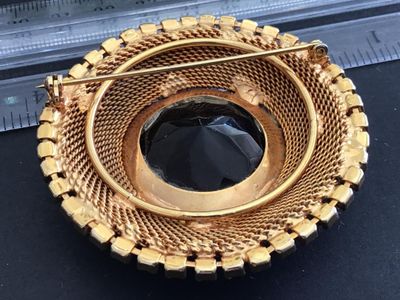 Gorgeous Statement Vintage Brooch Topaz Color And Rhinestone Gold Tone Mesh