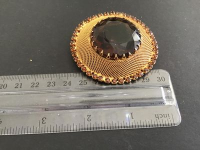 Gorgeous Statement Vintage Brooch Topaz Color And Rhinestone Gold Tone Mesh