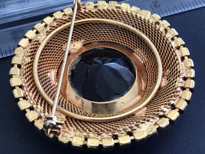 Gorgeous Statement Vintage Brooch Topaz Color And Rhinestone Gold Tone Mesh