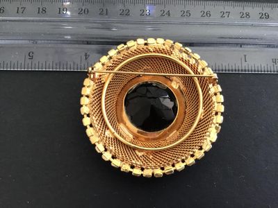Gorgeous Statement Vintage Brooch Topaz Color And Rhinestone Gold Tone Mesh
