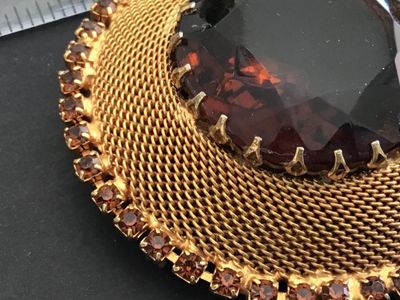 Gorgeous Statement Vintage Brooch Topaz Color And Rhinestone Gold Tone Mesh