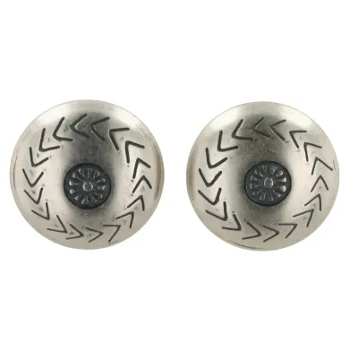 Sale Photo Thumbnail #217: Southwest Sterling Stamped Disc Earrings / 1g
size: 1/2" pierced with butterfly clips
shine and toned to luster
