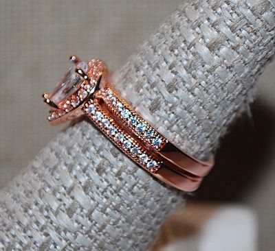 Size 8 Rose Gold WEDDING SET RINGS with Clear PEAR Center Stone & Bejeweled Surround and Side Band Accents on a Rose Gold Band (4.2g)