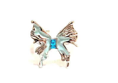 **NEW ARRIVAL** Size 5 Enameled BLUE BUTTERFLY RING with Single Blue Baguette Stone Center on a Silver Tone Setting and OPEN SPLIT Band...