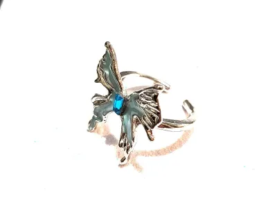 **NEW ARRIVAL** Size 5 Enameled BLUE BUTTERFLY RING with Single Blue Baguette Stone Center on a Silver Tone Setting and OPEN SPLIT Band...
