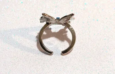 **NEW ARRIVAL** Size 5 Enameled BLUE BUTTERFLY RING with Single Blue Baguette Stone Center on a Silver Tone Setting and OPEN SPLIT Band...