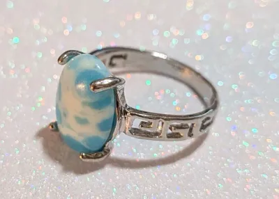 **NEW ARRIVAL** Size 7¾ BLUE & WHITE "CLOUDS" CABOCHON STONE 4-Prong RING with Hollowed "G"raphic Design Band on...