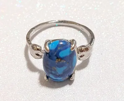 **NEW ARRIVAL** Size 9¾ BLUE & RUST "MOTTLED" Oval Cabochon 4-Prong Stone RING with a "PUFFY HEARTS" Band in a...
